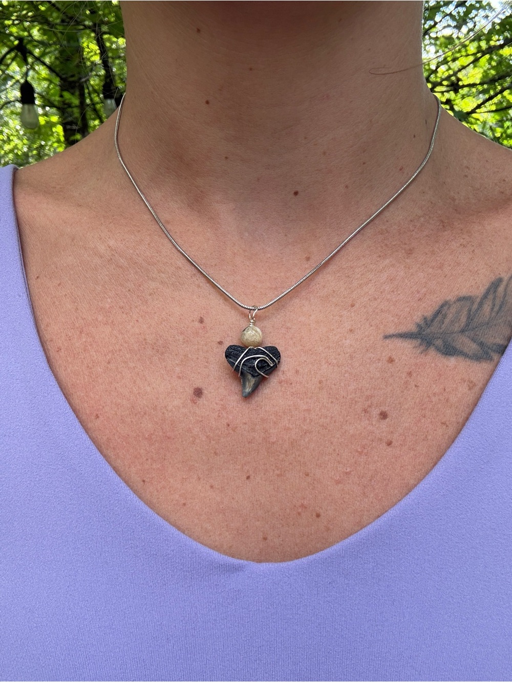 Handcrafted Black Shark Tooth Pendant Necklace with Silver Wire & Bead